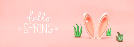 Hello spring message with rabbit earsの写真素材