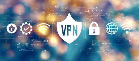 VPN concept with blurred city at nightの写真素材