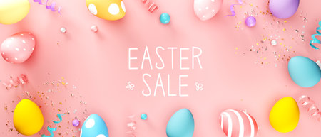 Easter sale message with Easter eggs and spring pastel colorsの写真素材