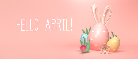 Hello April message with Easter eggs and rabbit earsの写真素材