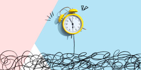 Alarm clock with chaos and confusion themeの写真素材