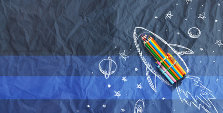 Back to school theme with hand drawn rocket and colored pencilsの写真素材