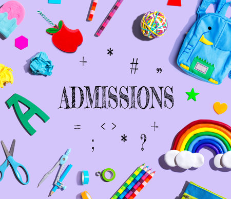 Admission theme with school supplies on a purple backgroundの写真素材