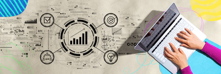 Marketing concept with person using a laptopの写真素材