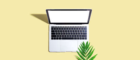 Laptop computer with tropical leafの写真素材