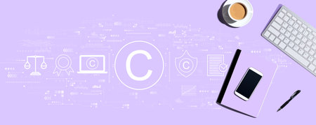 Copyright concept with computer keyboard and office itemsの写真素材