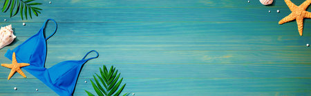 Blue swimwear with starfish and seashellsの写真素材