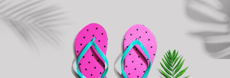 Flip flops with palm leaf shadowの写真素材