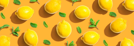 Fresh yellow lemons with mints overhead viewの写真素材