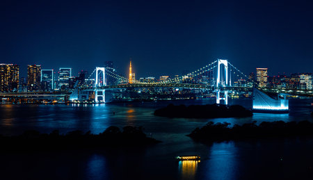 Tokyo Bay with the Rainbow Bridge, Odaiba, Tokyo, at nightの写真素材
