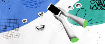 Person using a smartphone with eyes and mouthの写真素材