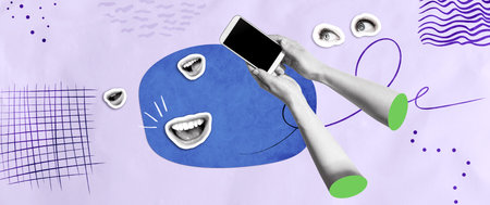 Person using a smartphone with eyes and mouthの写真素材