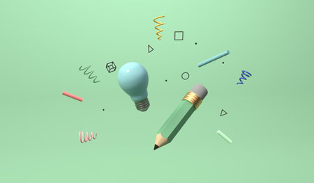 Education and school theme with a lightbulb and a pencil - 3Dの写真素材