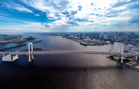 Aerial view of the Rainbow Bridge in Odaiba, Tokyoの写真素材