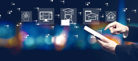 Distance learning theme with businessman using a tablet computerの写真素材