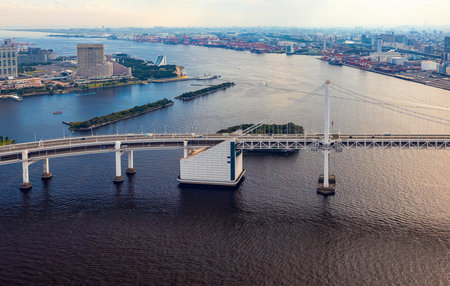 Aerial view of the Rainbow Bridge in Odaiba, Tokyoの写真素材