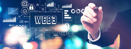 Web3 theme with a businessman holding a markerの写真素材