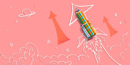 Back to school theme with hand drawn rocket and pencilsの写真素材