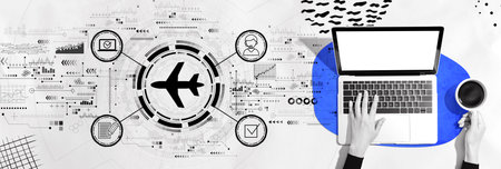 Flight ticket booking concept with person using a laptopの写真素材