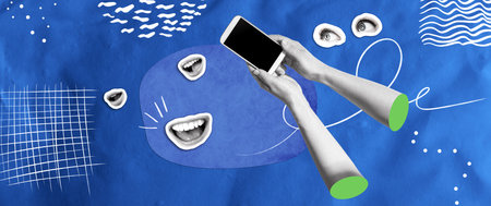Person using a smartphone with eyes and mouthの写真素材