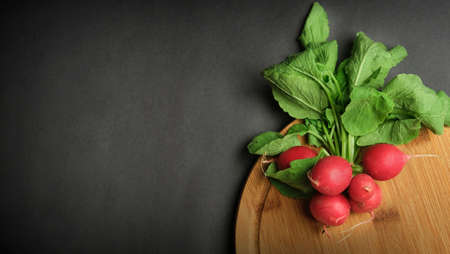 Radish WoodenBackground, red radish on wooden black background, top viewの写真素材