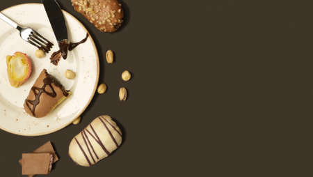 Turkish Eclair Cake plate, turkish eclair cake cookie with nuts black background, Turkish...
