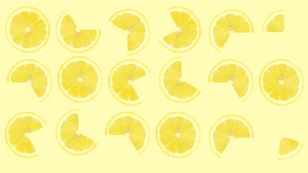 citrus Lemon slices pattern background on yellow, top view lemon slice, half lemon slice yellow background texture pattern, isolated lemon sliceの写真素材