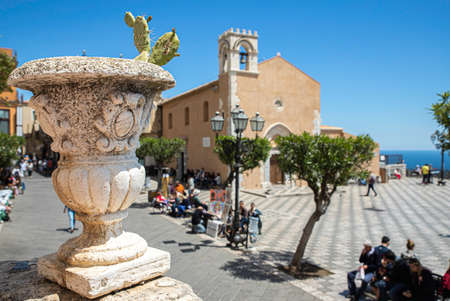 The view on Piazza IX Aprile in Taormina, in Sicilyのeditorial素材