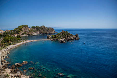 View on the Isola Bella in Taormina, in Sicily. Beach and the island. Landscape.の写真素材