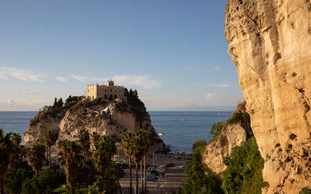 Santa Maria dell'Isola on the cliff in Tropea, Calabria, Italy. Summer time during the sunset.の写真素材