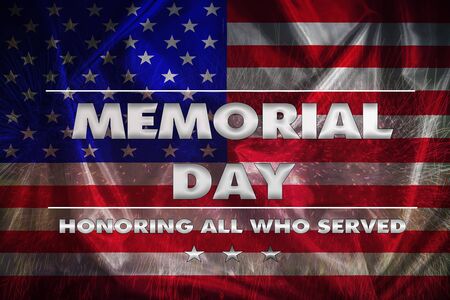 Celebration of all who served.American flag with the text Memorial day, background is  fireworks .の写真素材