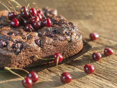 chocolate cake with cherryの写真素材