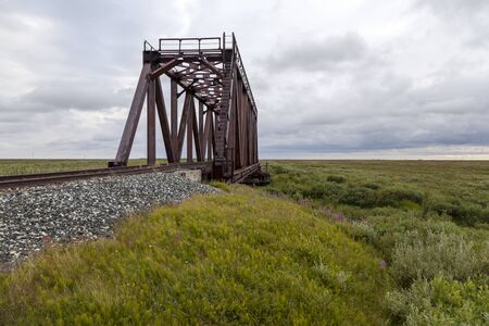 Old railway and railway bridge, rails and pilesの写真素材