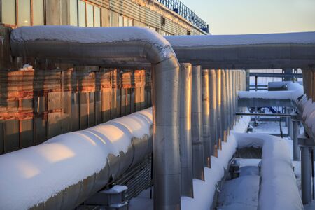 Gas valves, crane and pipes for gas and oil transportation, gas processing plant, Gas booster compressor station,の写真素材