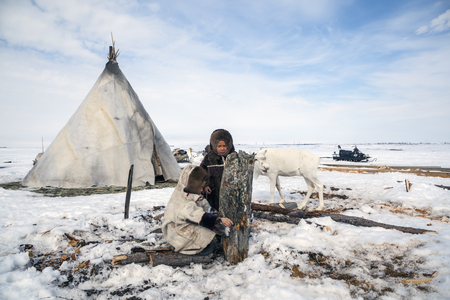 Nadym, Russia - april 27, 2018: tundra, open area, the boys in national clothes in cold winter weather, help the pope to chop firewood, editorialのeditorial素材