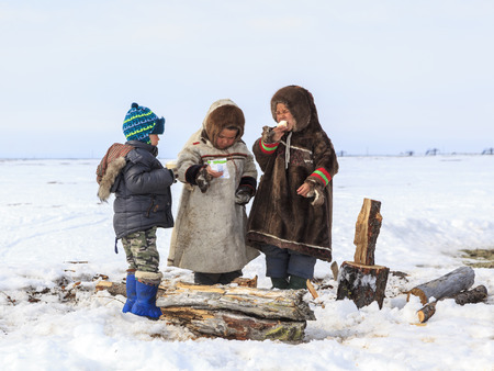 Nadym, Russia - april 27, 2018: tundra, open area, the boys in national clothes in cold winter weather, help the pope to chop firewood, editorialのeditorial素材