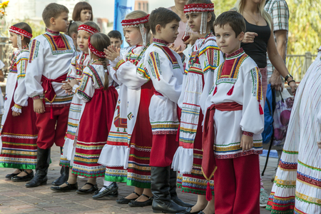 Rostov-on-Don, Russia-September 25, 2018: embankment of Don river; celebration of the city day, Girls from a dance group in identical dresses, editorialのeditorial素材