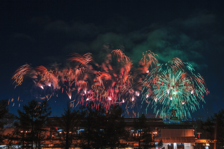 Moscow, Russia-May 9, 2017: Exhibition of Achievements of the National Economy.   Beautiful fireworks, salute in honor of the day of victoryのeditorial素材