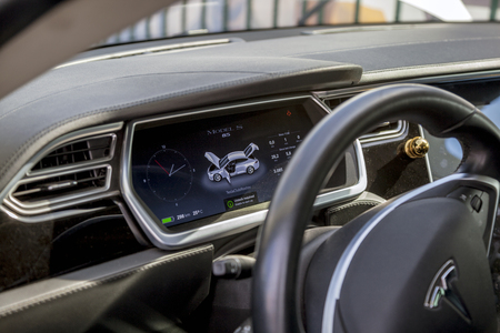 Rostov-on-Don, Russia, September 23, 2018: AutoShow on auto sound in Rostov-on-Don, Tesla car, free admission, editorialのeditorial素材