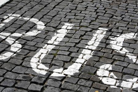 Bus word painted on the pavement indicating a bus stop on a city.の写真素材
