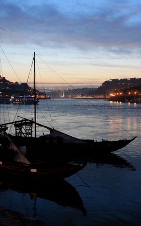 View of the river "Douro" dividing Oporto and Gaia cities at the dawn of day in the north of Portugal.の写真素材