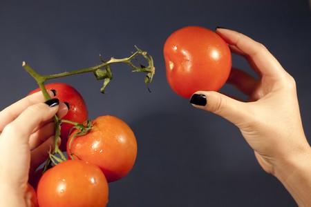 view of a womans hand pulling a red tomatoe.の写真素材