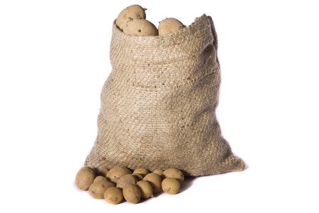 View of a sack of potatoes isolated on a white background.の写真素材