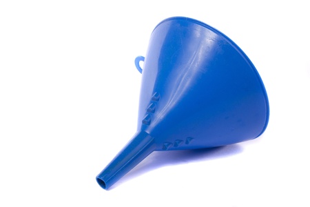 Close up view of a blue funnel for use with water or oil isolated on a white background.の写真素材