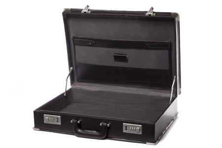 Close up view a modern black business briefcase isolated on a white background.の写真素材