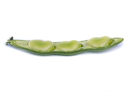 Close up view of some broad beans isolated on a white background.