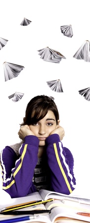 View of a teenager school girl looking at the camera with an upset expression.の写真素材