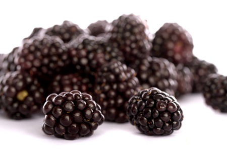 Close view detail of some blackberries isolated on a white background.の写真素材