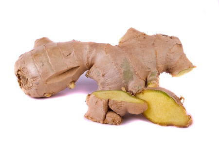 Close up view of a ginger root isolated on a white background.