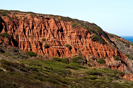 View of the cliff geologic formation next to Sagres in the Algarve, Portugal.の写真素材
